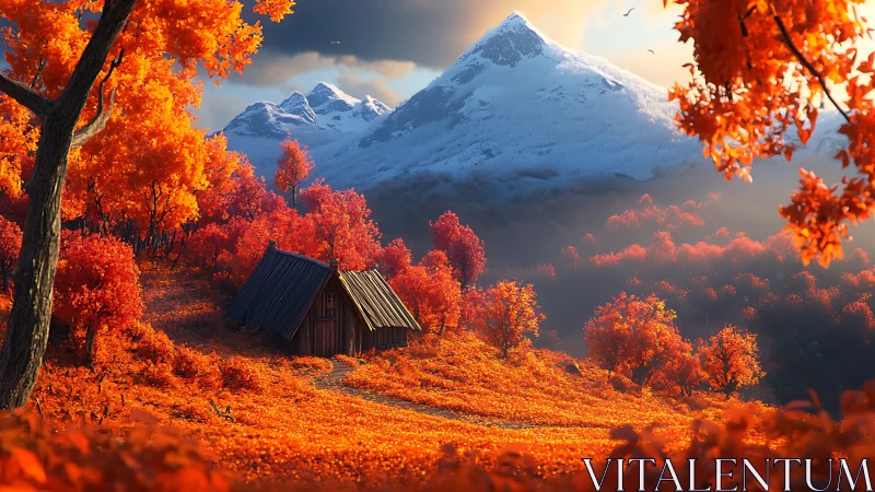 Autumn mountain cabin amid blazing orange forest slope.