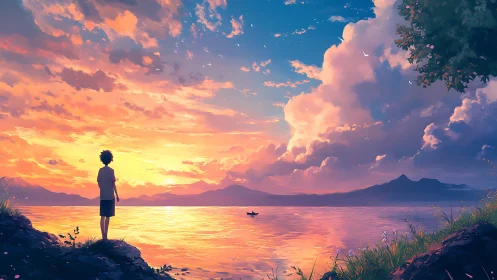 Boy observes radiant sunset over lake in atmospheric anime artwork