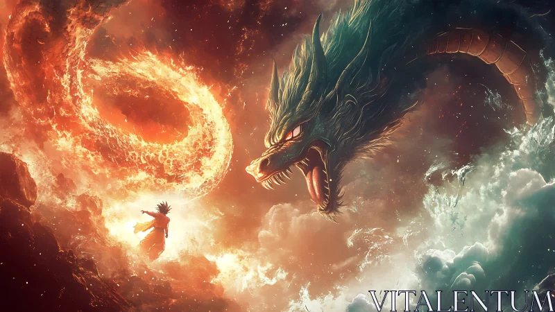 Human figure confronting serpentine dragon amid fire clouds.