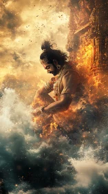 Mythic armored figure amid clouds, fire, and stone relief.