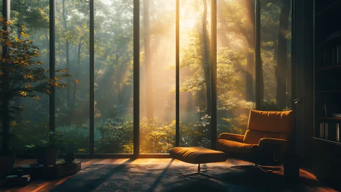 Golden Sunlit Reading Retreat Among Tranquil Forest