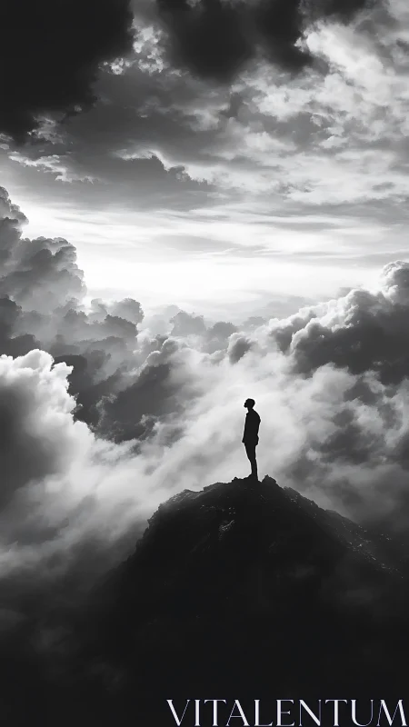 Silhouetted figure on misty mountain peak in monochrome clouds.