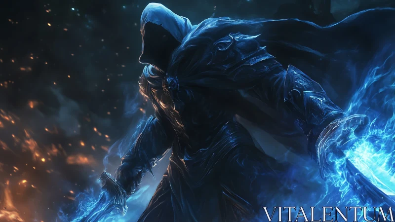 Hooded armored figure with blue energy blades in darkness.