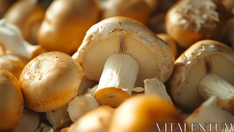 Sunlit mushrooms quietly assemble in a golden forest of caps