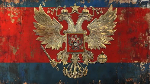 Embossed double‑headed eagle crest over distressed tricolor field