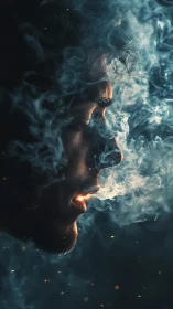 Side-lit human profile enveloped in swirling smoke and embers