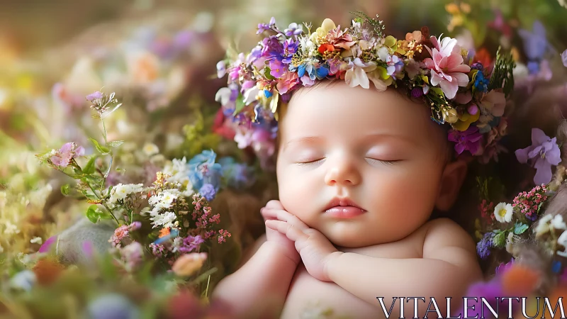 Neonatal portrait in macro floral wreath and soft-focus bokeh.