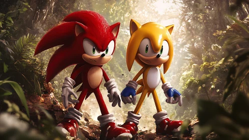 Two stylized hedgehog characters in dense forest setting.