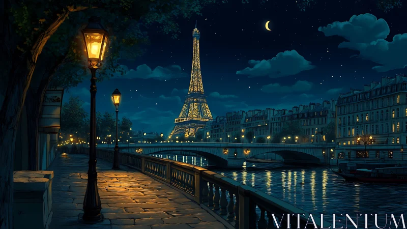 Paris riverside promenade overlooks illuminated Eiffel Tower