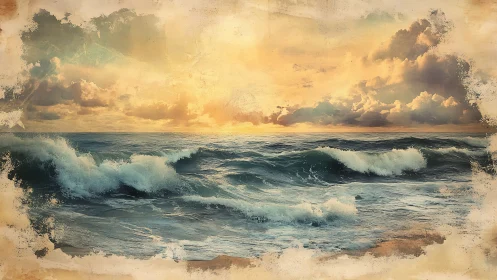 Golden sunset waves crash against a textured vintage seascape