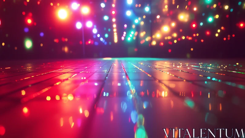 Colorful illuminated dance floor under defocused party lights.