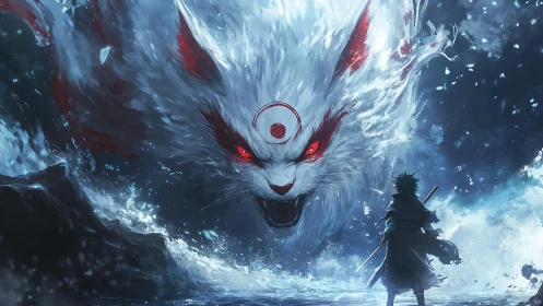 Swordsman facing giant spectral fox over turbulent water.