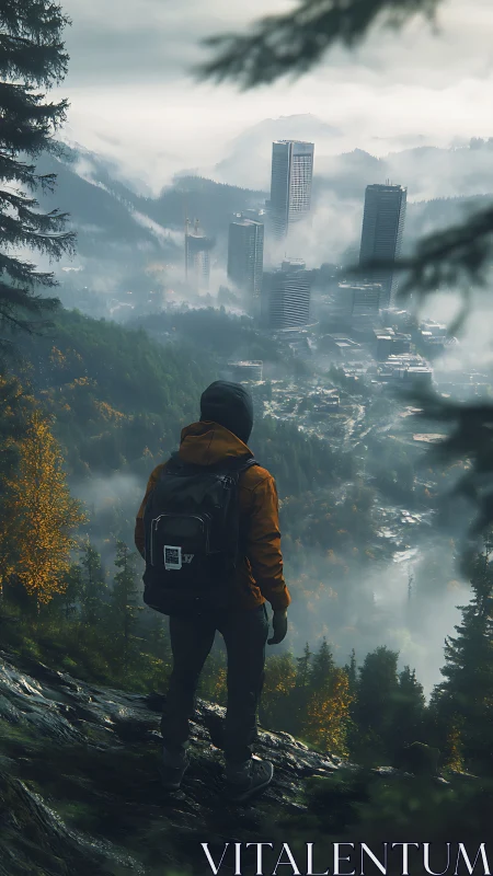 Hiker overlooks misty forest valley with emerging modern city