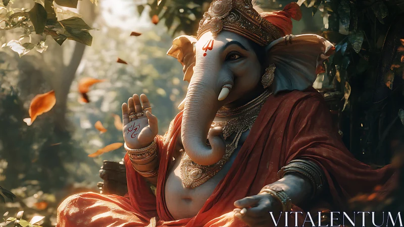 Divine Ganesha figure rendered in cinematic 3D forest ambience