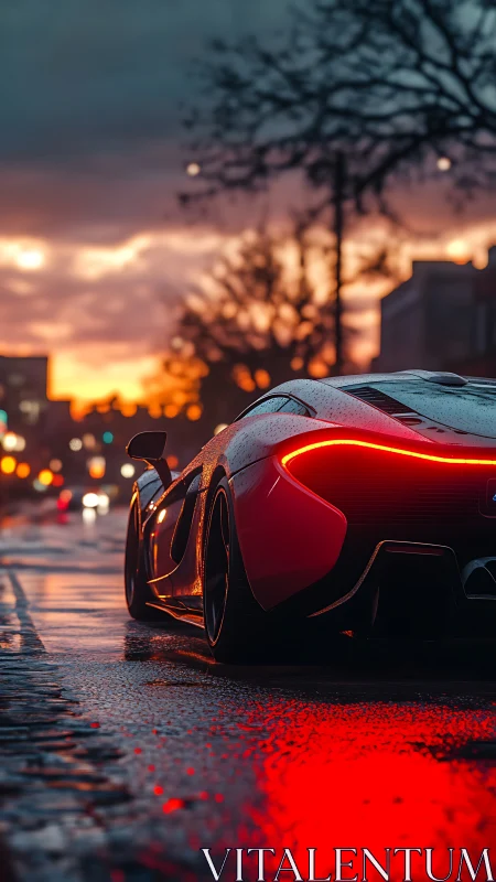Red sports car on wet city street at dusk with lights on.