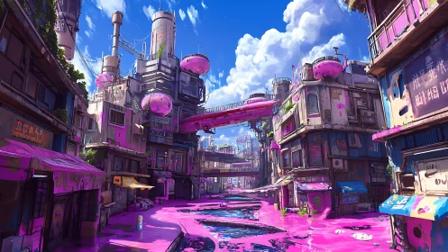 Neon cyberpunk alley flooded with luminous pink river.