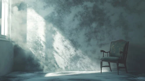 Dusty light shaft in empty room with single vintage chair