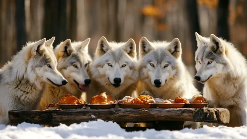 Cozy wolf pack sharing a snowy forest feast together.