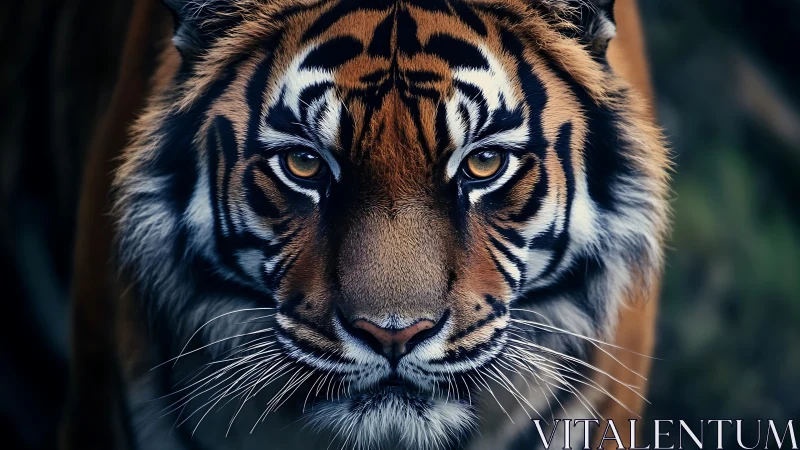 Macro frontal portrait of Bengal tiger with shallow depth of field
