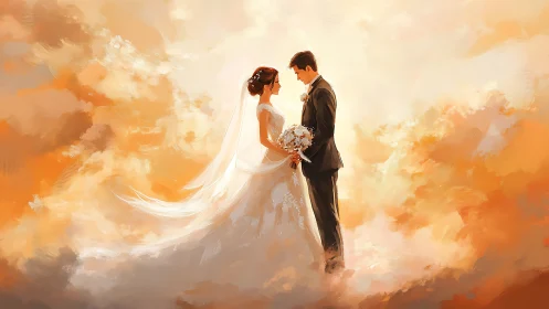 Sunlit wedding vows drifting through painted golden clouds.