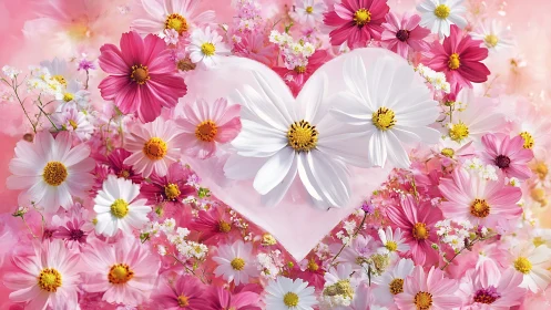 Heart-shaped White Cosmos Bloom Surrounded by Pink Flowers