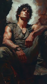 Battle-worn soldier rests in smoky, ember-lit shadows.