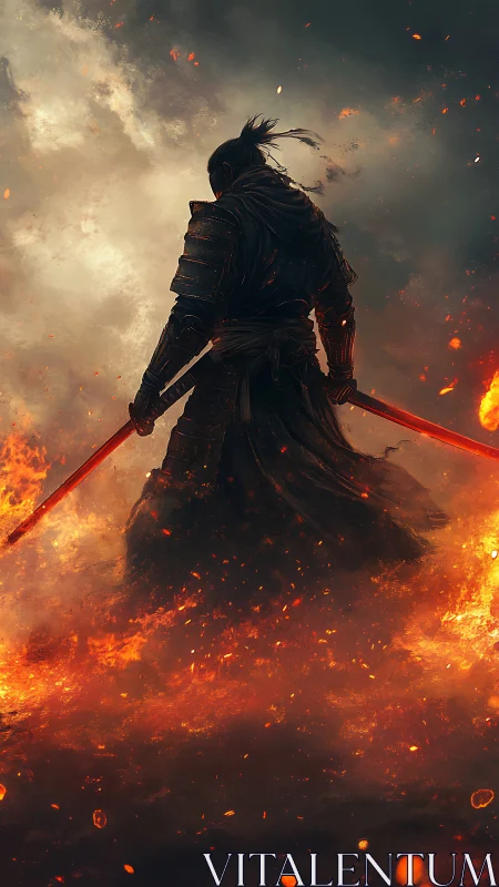 Armored swordsman with twin blades in burning landscape.