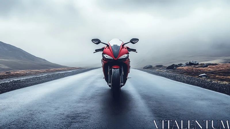 Bold red motorcycle waits on a misty open mountain road