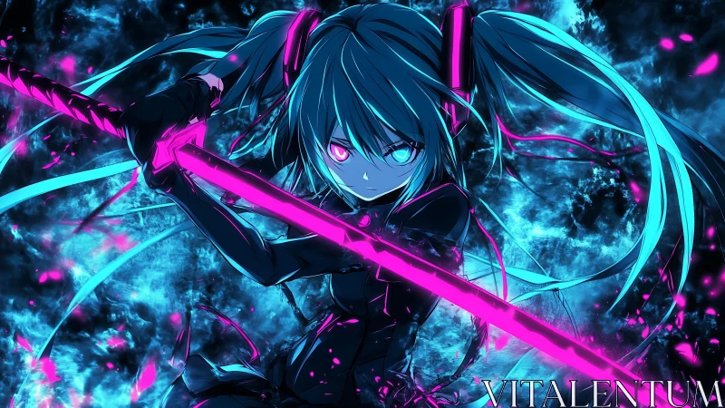 Neon cyberblade warrior in high-contrast anime composition.