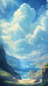 Luminous Alpine Valley: Digital Landscape with Cumulus Cloud Matrix.