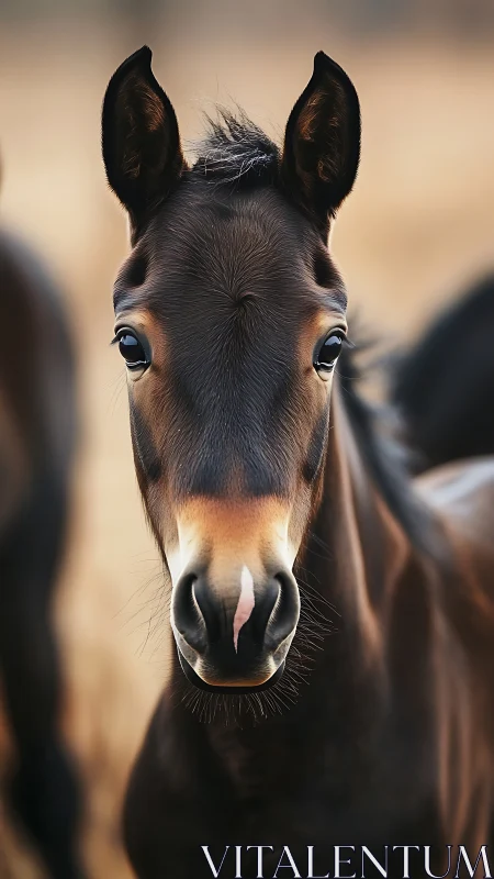 Young dark foal in shallow-depth portrait against warm bokeh
