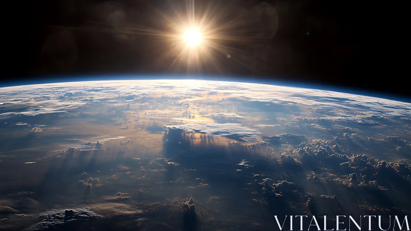Low Earth orbit view of sunlit atmosphere and horizon.