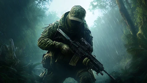 Camouflaged jungle operative advances with scoped rifle in heavy rain