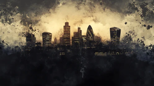 Nocturnal metropolitan skyline in ink-splatter chiaroscuro silhouette.