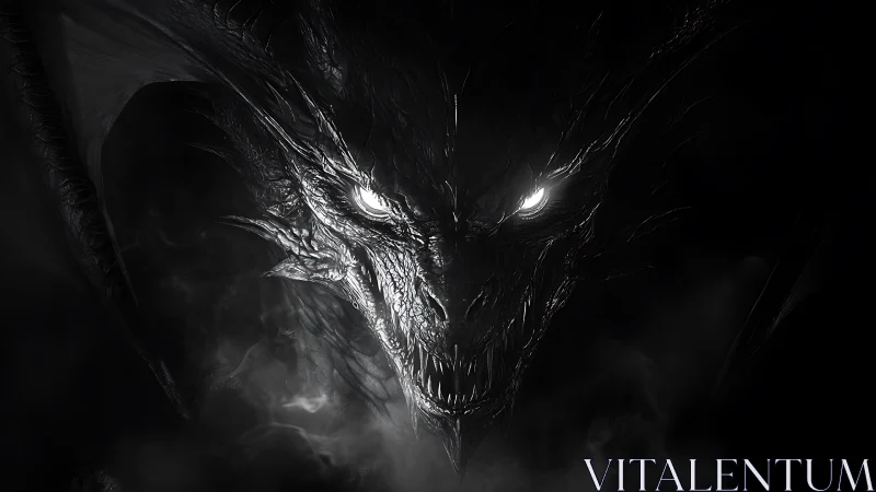 Monochrome close-up of a dark dragon head in smoke.