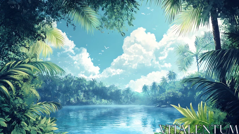 Tropical river basin under luminous midday sky panorama.