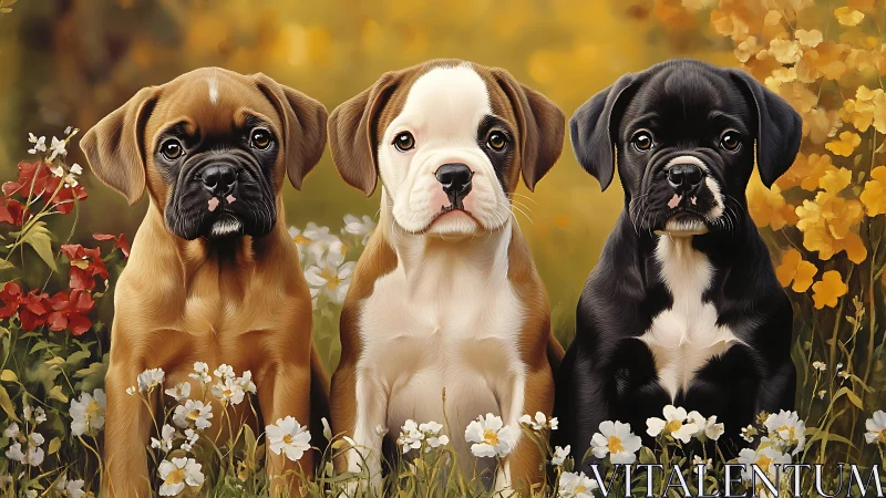 Three boxer puppies sitting in a flower meadow portrait.