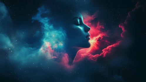 Cosmic female profile merges with glowing nebula clouds