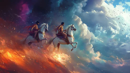 Twin riders crossing fiery skies on white celestial steeds.