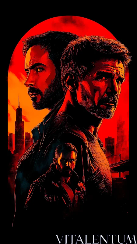 Neo-noir double portrait under blood-red city sky.