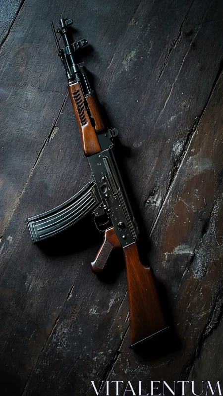 Kalashnikov style rifle on dark worn wooden surface.