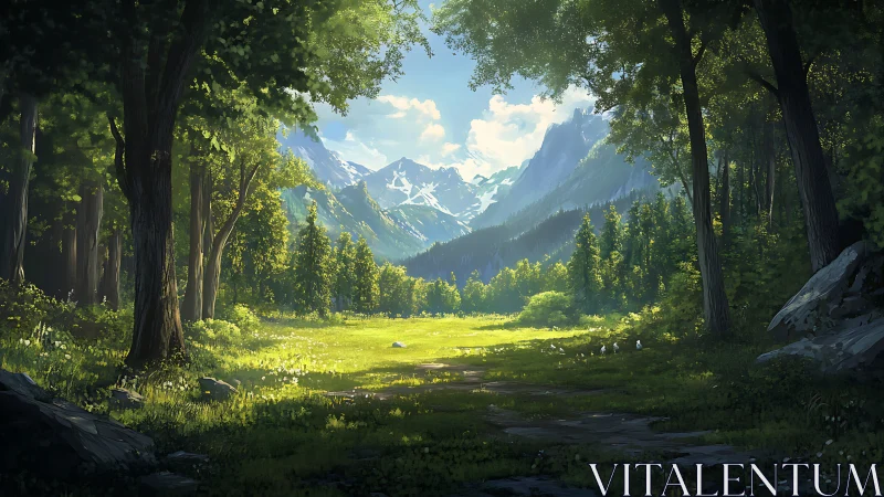 Alpine Valley Forest: Mountain Vista Through Trees.