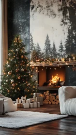 Christmas tree and fireplace create warm modern living room