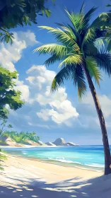 Tropical Coastal Seascape with Towering Palm Tree Under Clear Blue Sky