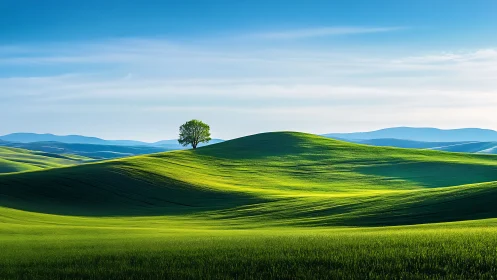 Lone tree stands on sunlit green rolling hill under blue sky
