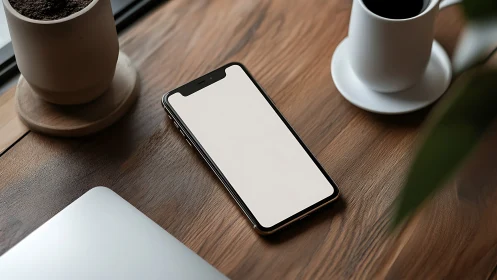 Smartphone on Wooden Desk with Coffee Cups.
