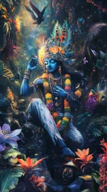 Blue-skinned deity figure seated in dense luminous forest.