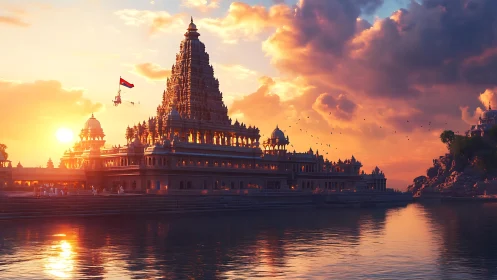 Sunlit riverside temple complex rendered in warm digital light