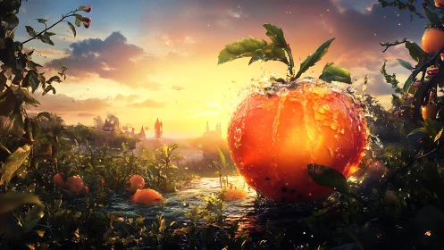 Hyperreal citrus macro in flooded sunrise orchard fantasy