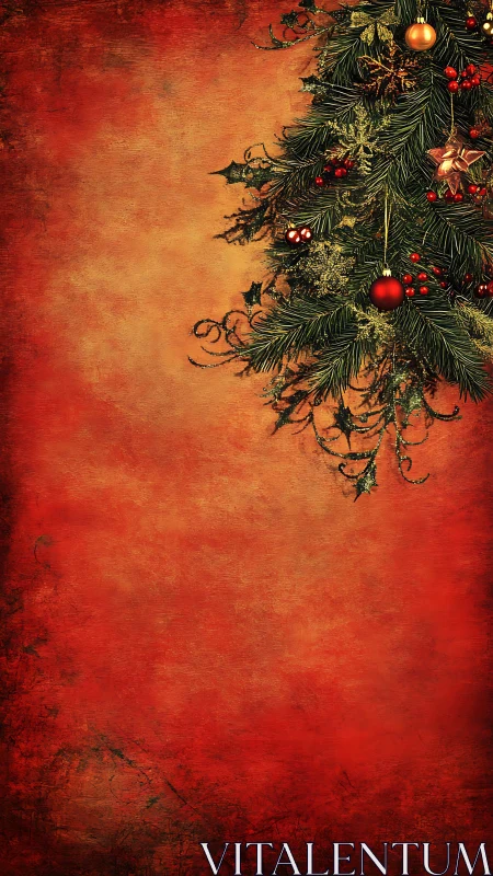 Festive evergreen cascade on textured crimson backdrop.